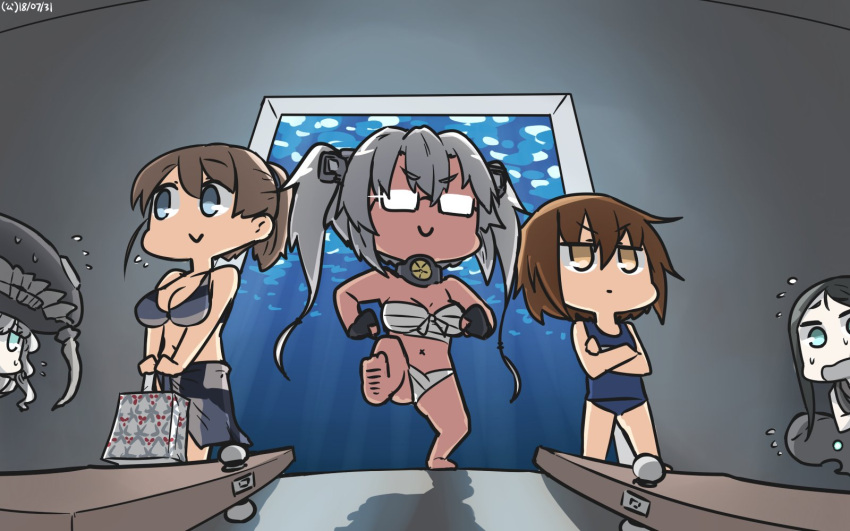 3girls bikini blue_eyes brown_eyes brown_hair budget_sarashi character_request chibi commentary_request crossed_arms dark_skin fingerless_gloves full_body glasses gloves hamu_koutarou highres intrepid_(kantai_collection) kantai_collection long_hair multicolored multicolored_bikini multicolored_clothes multicolored_sarong multiple_girls musashi_(kantai_collection) partly_fingerless_gloves pointy_hair ponytail sarashi sarong school_swimsuit semi-rimless_eyewear short_hair silver_hair swimsuit twintails two_side_up under-rim_eyewear wakaba_(kantai_collection)