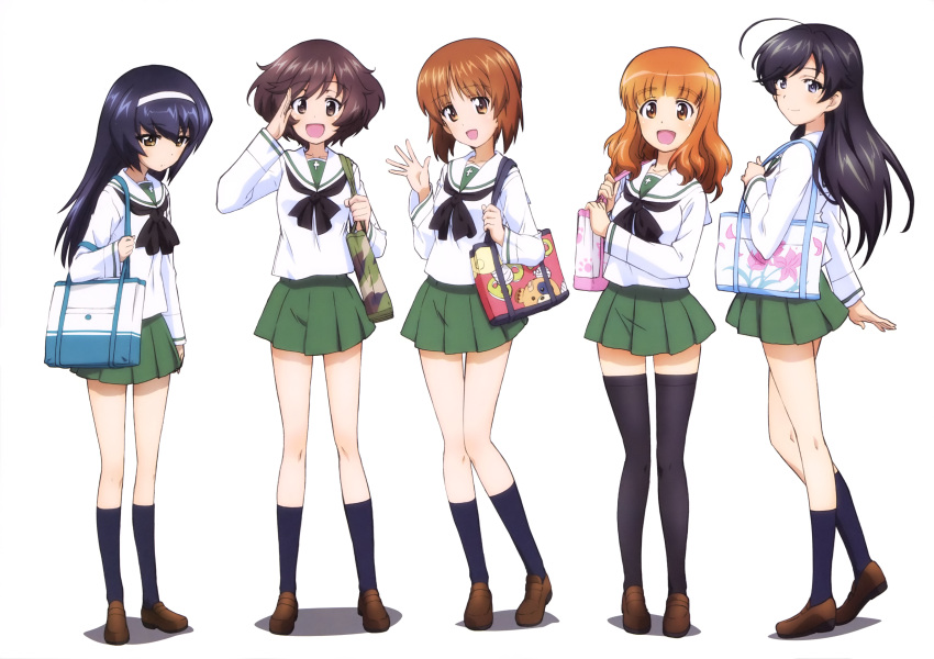 5girls :d absurdres ahoge akiyama_yukari bag bangs black_hair black_legwear black_neckwear blue_eyes blue_hair blue_legwear blunt_bangs boko_(girls_und_panzer) brown_eyes brown_footwear collarbone eyebrows_visible_through_hair floating_hair full_body girls_und_panzer hairband handbag highres isuzu_hana kneehighs loafers long_hair miniskirt multiple_girls nishizumi_miho official_art ooarai_school_uniform open_mouth orange_hair pleated_skirt print_bag reizei_mako salute shiny shiny_hair shirt shoes simple_background skirt smile standing swept_bangs takebe_saori thigh-highs very_long_hair white_background white_hairband white_shirt yoshida_nobuyoshi zettai_ryouiki