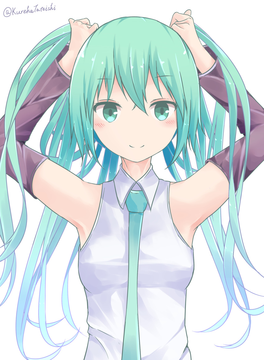 1girl absurdres arms_up bangs bare_shoulders blush breasts bunching_hair closed_mouth collared_shirt detached_sleeves eyebrows_visible_through_hair green_eyes green_hair green_neckwear hair_between_eyes hamayuu_(litore) hatsune_miku highres holding holding_hair long_hair long_sleeves looking_at_viewer medium_breasts necktie shirt simple_background sleeveless sleeveless_shirt smile solo twitter_username two_side_up very_long_hair vocaloid white_background white_shirt