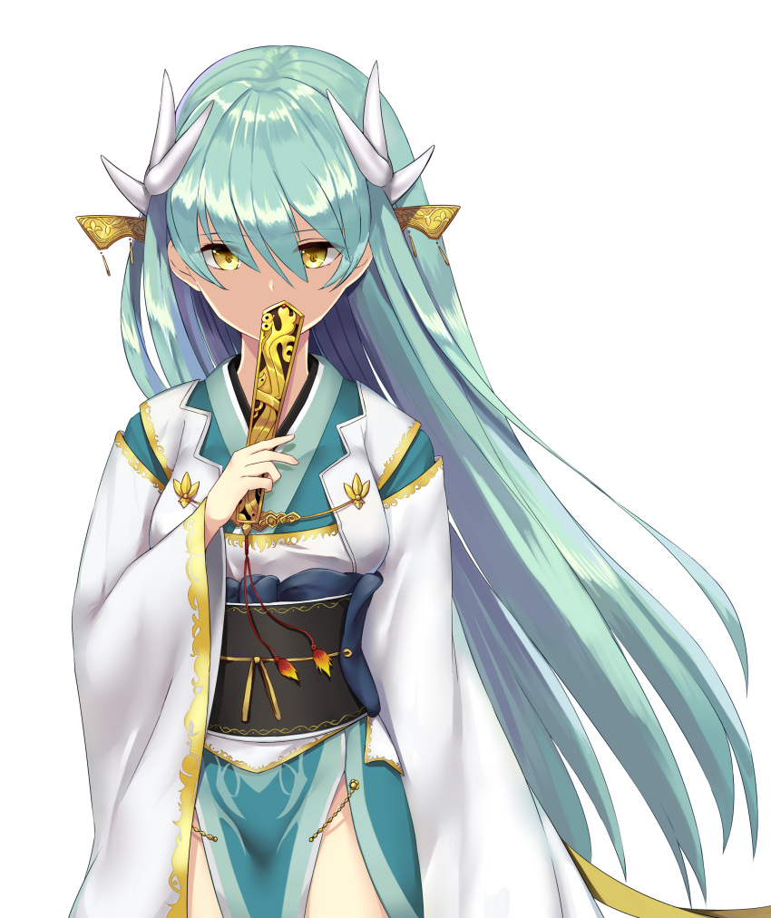 1girl absurdres bangs brown_eyes covered_mouth dragon_horns eyebrows_visible_through_hair fate/grand_order fate_(series) green_hair hair_between_eyes headgear highres holding horns i.f.s.f japanese_clothes kimono kiyohime_(fate/grand_order) long_hair long_sleeves looking_at_viewer obi sash simple_background solo standing very_long_hair white_background white_kimono wide_sleeves