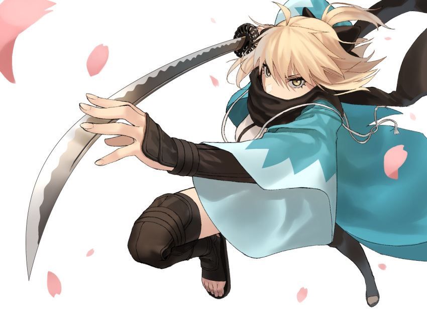 1girl attacking_viewer black_bow black_legwear black_scarf blonde_hair bow bracer commentary_request covered_mouth fate_(series) fingernails foreshortening hair_bow haori highres holding holding_sword holding_weapon japanese_clothes jumping katana koha-ace long_sleeves okita_souji_(fate) okita_souji_(fate)_(all) petals sandals scarf scarf_over_mouth solo stirrup_legwear sword thigh-highs toeless_legwear weapon white_background wide_sleeves yellow_eyes zonotaida