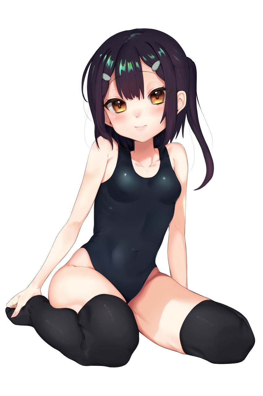 1girl absurdres black_hair black_legwear black_swimsuit breasts brown_eyes covered_navel fate/kaleid_liner_prisma_illya fate_(series) highleg highleg_swimsuit highres long_hair looking_at_viewer miyu_edelfelt school_swimsuit side_ponytail simple_background sitting small_breasts solo swimsuit takio_(kani_sama) thigh-highs wariza white_background