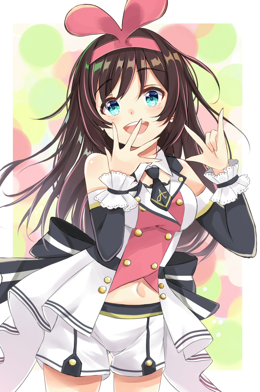 1girl :d \m/ a.i._channel amidada bangs bare_shoulders blue_eyes blush brown_hair commentary_request cowboy_shot detached_sleeves eyebrows_visible_through_hair hair_between_eyes hair_ribbon hairband hands_up head_tilt highres kizuna_ai long_hair long_sleeves looking_at_viewer multicolored_hair navel open_mouth pink_hair pink_hairband pink_ribbon ribbon shirt short_shorts shorts sleeveless sleeveless_shirt smile solo streaked_hair upper_teeth very_long_hair virtual_youtuber white_shirt white_shorts