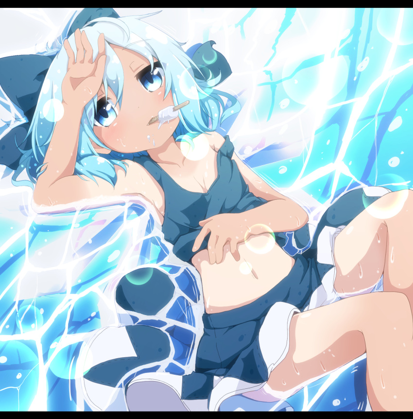 1girl adapted_costume blue_bow blue_eyes blue_hair blue_skirt blue_tank_top bow cirno commentary_request do_(4-rt) flower food hair_between_eyes hair_bow highres letterboxed looking_at_viewer lying midriff navel on_back popsicle short_hair skirt skirt_set sleeveless solo strap_slip tan tank_top_lift tanline touhou water wet