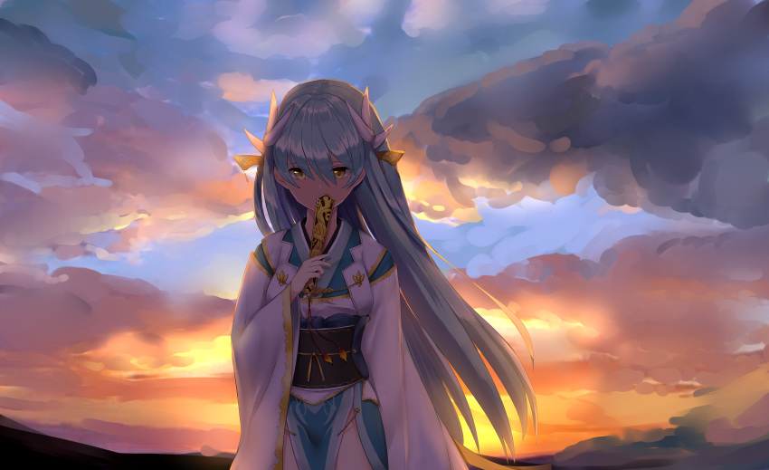 1girl absurdres bangs blue_sky brown_eyes clouds cloudy_sky commentary_request covered_mouth dragon_horns eyebrows_visible_through_hair fate/grand_order fate_(series) green_hair hair_between_eyes headgear highres holding horns i.f.s.f japanese_clothes kimono kiyohime_(fate/grand_order) long_hair long_sleeves looking_at_viewer obi outdoors sash sky solo standing sunset very_long_hair white_kimono wide_sleeves