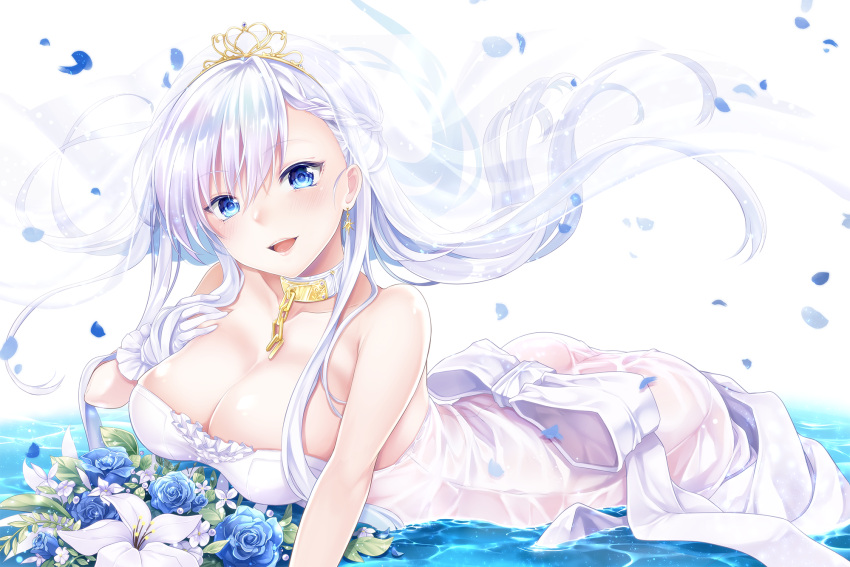 1girl alternate_costume ass azur_lane bangs bare_shoulders belfast_(azur_lane) blue_eyes blue_flower blue_rose blush bouquet braid breasts bridal_veil chain chains cleavage collar collarbone day dress earrings eyebrows_visible_through_hair floating_hair flower french_braid frilled_gloves frills gloves gold gold_chain gold_earrings hand_on_own_chest head_tilt highres jewelry large_breasts long_hair looking_at_viewer maid_headdress open_mouth outdoors oz_snowrose partially_submerged petals rose sidelocks silver_collar silver_hair smile solo strapless strapless_dress tiara tsurime upper_teeth veil water wedding_dress wet wet_clothes white_dress white_gloves wind wind_lift