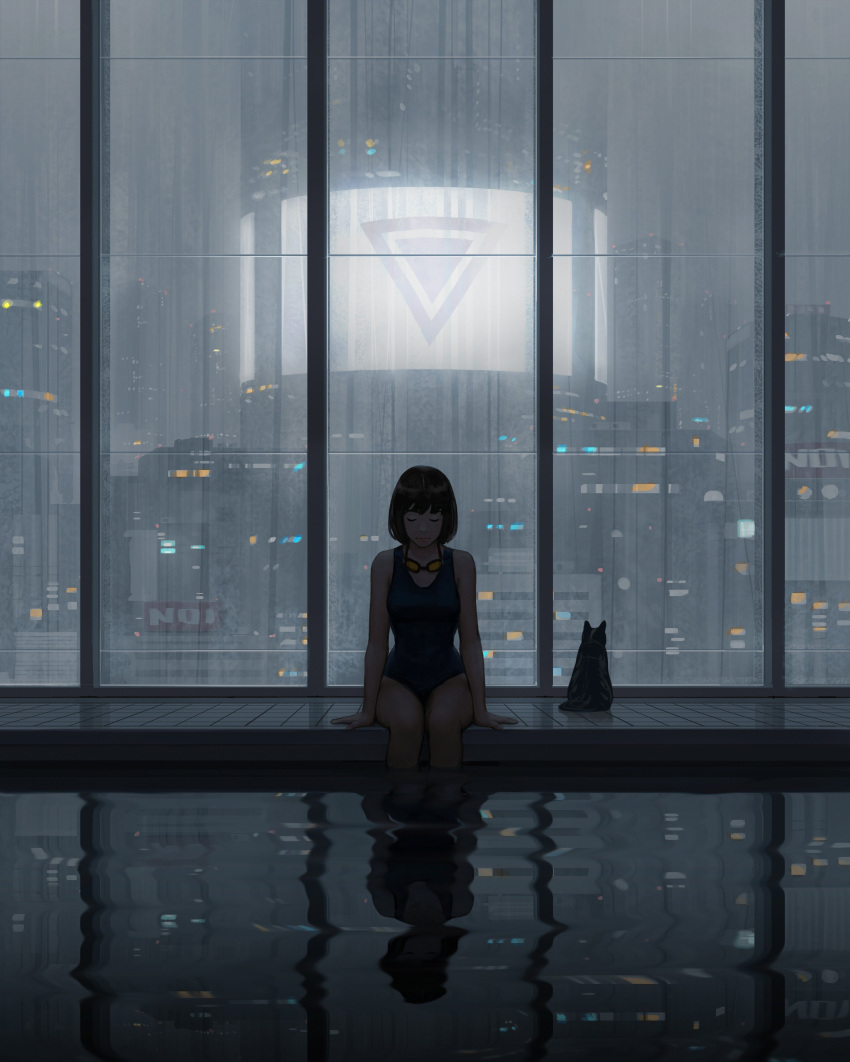 1girl absurdres building cat closed_eyes goggles goggles_around_neck guweiz highres original poolside reflection short_hair skyscraper solo swimsuit water