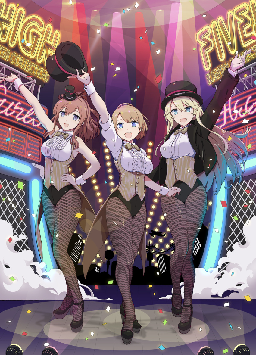 3girls aka_ringo aqua_eyes arm_up bangs black_footwear black_jacket black_legwear black_leotard blonde_hair blouse blue_eyes blush bow bowtie breasts brown_hair cleavage coattails commentary_request confetti eyebrows_visible_through_hair fishnet_pantyhose fishnets framed_breasts full_body hair_between_eyes hand_on_hip hat hat_removed headwear_removed highres holding holding_hat intrepid_(kantai_collection) iowa_(kantai_collection) jacket kantai_collection large_breasts leotard lights long_hair long_sleeves looking_at_viewer magician mini_hat mini_top_hat multiple_girls open_mouth pantyhose platform_footwear platform_heels ponytail saratoga_(kantai_collection) short_hair short_ponytail side_ponytail sidelocks sleeve_cuffs sleeveless_blouse smile standing star star-shaped_pupils symbol-shaped_pupils top_hat vest violet_eyes yellow_neckwear
