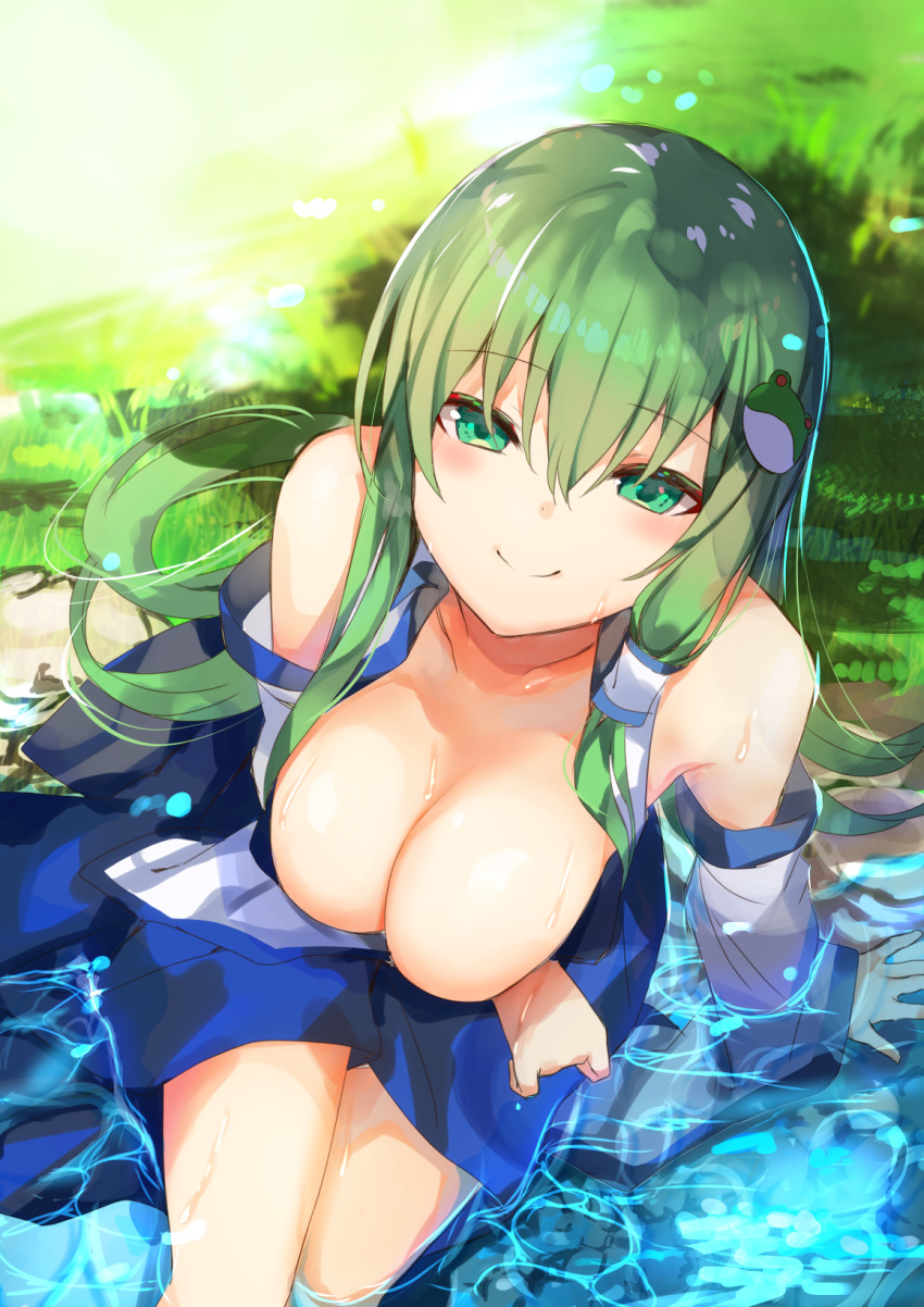 1girl amamitsu_kousuke arm_across_waist arm_support bangs blush breasts cleavage collarbone day detached_sleeves eyebrows_visible_through_hair frog frog_hair_ornament from_above green_eyes green_hair hair_between_eyes hair_ornament highres kochiya_sanae large_breasts long_hair looking_at_viewer nontraditional_miko outdoors partially_submerged shirt sidelocks sitting sleeveless sleeveless_shirt smile snake_hair_ornament solo touhou wet
