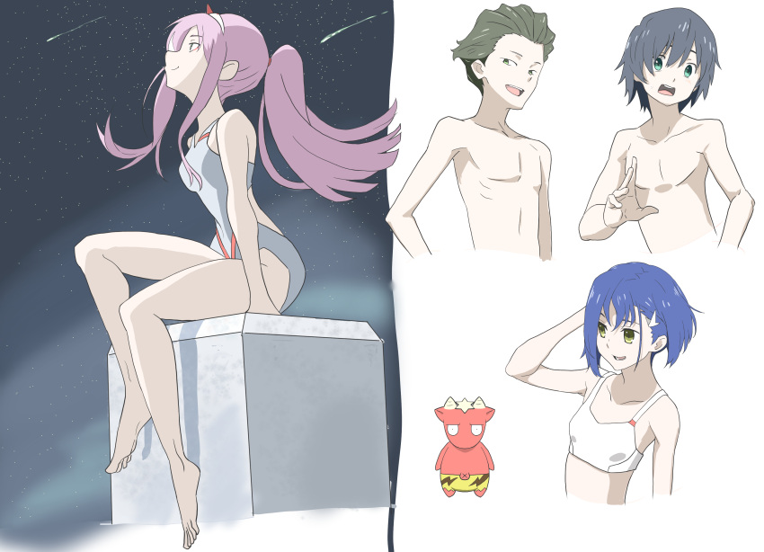 2boys 2girls absurdres bangs bare_shoulders barefoot bikini bikini_top black_hair blue_hair breasts brown_hair cleavage collarbone commentary_request darling_in_the_franxx eyebrows_visible_through_hair gloves green_eyes hair_ornament hairband hairclip hand_on_own_head hand_up high_ponytail highres hiro_(darling_in_the_franxx) hitsujibane horns ichigo_(darling_in_the_franxx) long_hair medium_breasts meteor_shower mitsuru_(darling_in_the_franxx) multiple_boys multiple_girls night night_sky no_nipples oni_horns pink_hair ponytail red_horns shirtless short_hair sitting sky small_breasts star star_(sky) starry_sky swimsuit thighs white_bikini white_bikini_top white_hairband white_swimsuit zero_two_(darling_in_the_franxx)