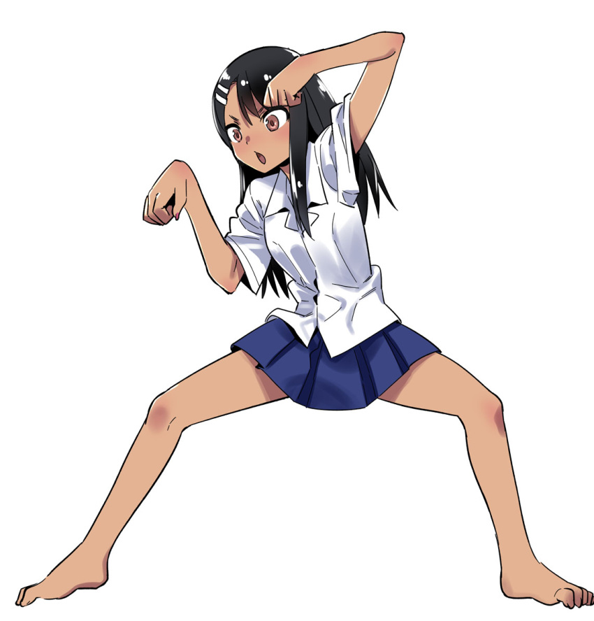 1girl 774_(nanashi) barefoot black_hair brown_eyes dark_skin full_body hair_ornament hairclip ijiranaide_nagatoro-san long_hair nagatoro open_mouth pleated_skirt school_uniform simple_background skirt solo spread_legs white_background