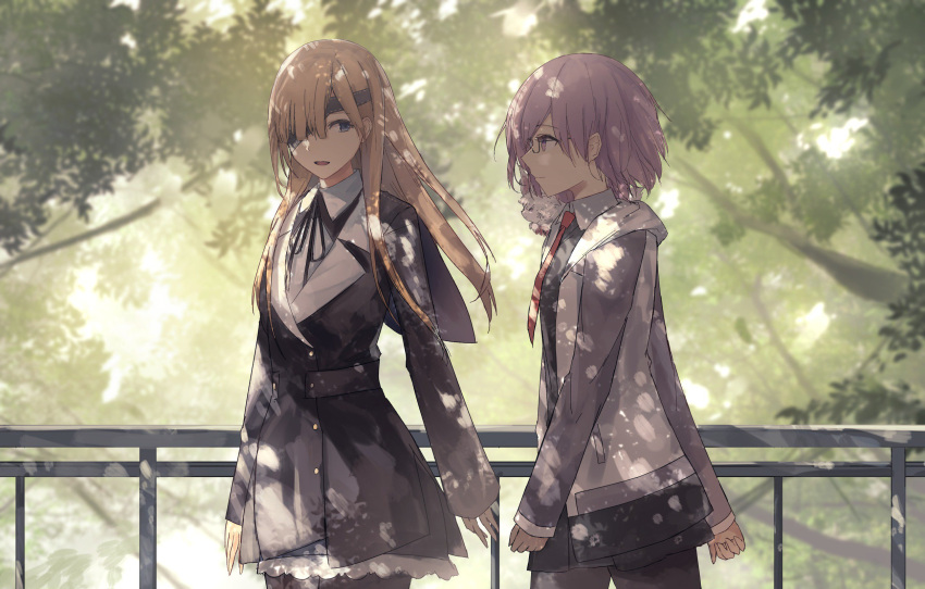 2girls black_ribbon brown_hair collared_shirt commentary eyepatch fate/grand_order fate_(series) fou_(fate/grand_order) glasses guard_rail hair_over_one_eye highres long_hair long_sleeves looking_at_another mash_kyrielight multiple_girls necktie on_shoulder open_mouth ophelia_phamrsolone purple_hair red_neckwear ribbon shadow shirt short_hair sleeves_past_wrists smile thkani tree violet_eyes
