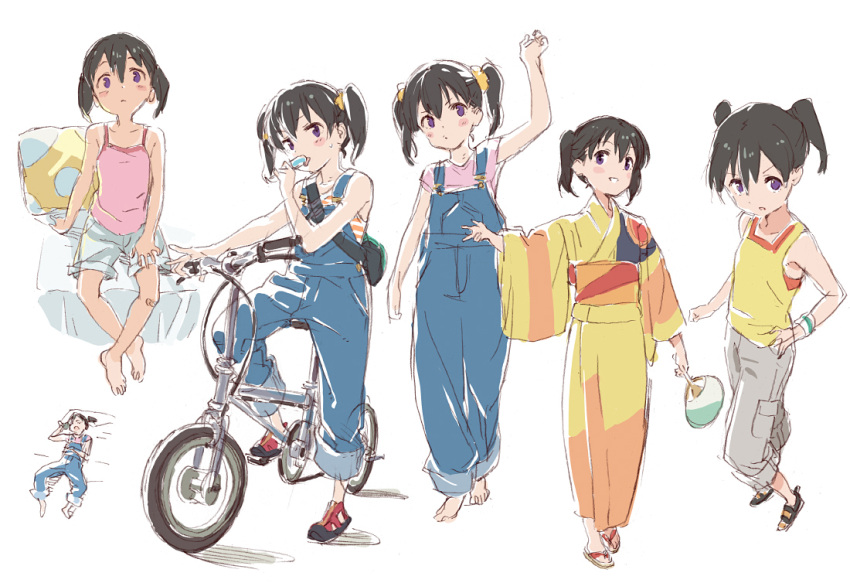 1girl arm_up bag bandage bandaged_leg bandages bare_arms bare_legs bare_shoulders barefoot bicycle fan food from_above full_body ground_vehicle hair_ornament hair_scrunchie hand_on_own_thigh holding holding_fan japanese_clothes kimono kuraue_hinata looking_at_viewer matsuo_yuusuke multiple_views overalls pillow popsicle riding scrunchie shorts shoulder_bag smile sweat tan tank_top tanline twintails v white_background yama_no_susume yukata