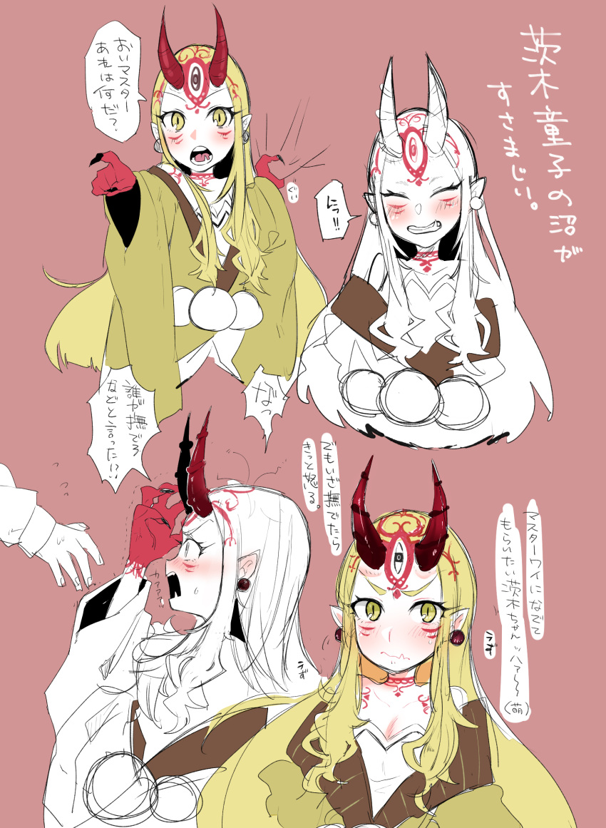 1girl blonde_hair breasts earrings fangs fate/grand_order fate_(series) fingernails highres holding holding_hair horns ibaraki_douji_(fate/grand_order) japanese_clothes jewelry kimono oni oni_horns red_skin sharp_fingernails sharp_teeth solo tattoo teeth user_grnc4875 yellow_eyes