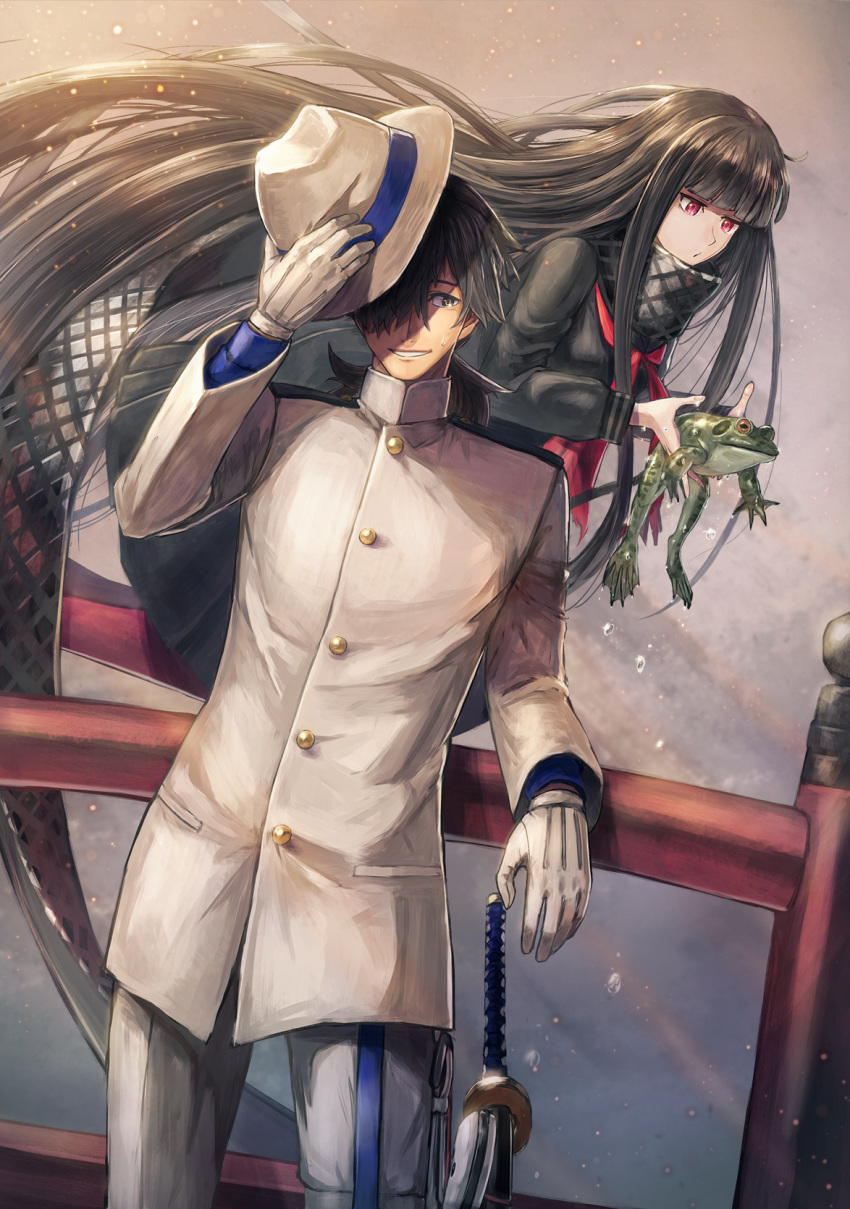 1boy 1girl black_hair commentary_request dress fate/grand_order fate_(series) floating frog gloves hat highres holding holding_hat katana kuroi_susumu leaning_on_rail long_dress long_hair military military_uniform naval_uniform oryou_(fate) red_eyes sailor_dress sakamoto_ryouma_(fate) sword uniform very_long_hair weapon white_gloves white_hat