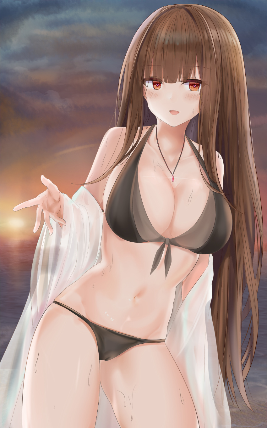1girl absurdres ahoge alternate_costume backlighting bangs bare_shoulders bikini black_bikini blunt_bangs blush breasts brown_hair cleavage cowboy_shot dsr-50_(girls_frontline) evening eyebrows_visible_through_hair girls_frontline groin hair_ribbon half-closed_eyes head_tilt heart heart-shaped_pupils highres horizon jewelry large_breasts leg_garter long_hair looking_at_viewer loose_clothes loose_shirt navel necklace open_clothes open_mouth open_shirt outdoors red_eyes ribbon ru_zhai see-through shirt side-tie_bikini sidelocks smile solo stomach sunset swimsuit symbol-shaped_pupils thighs very_long_hair wet