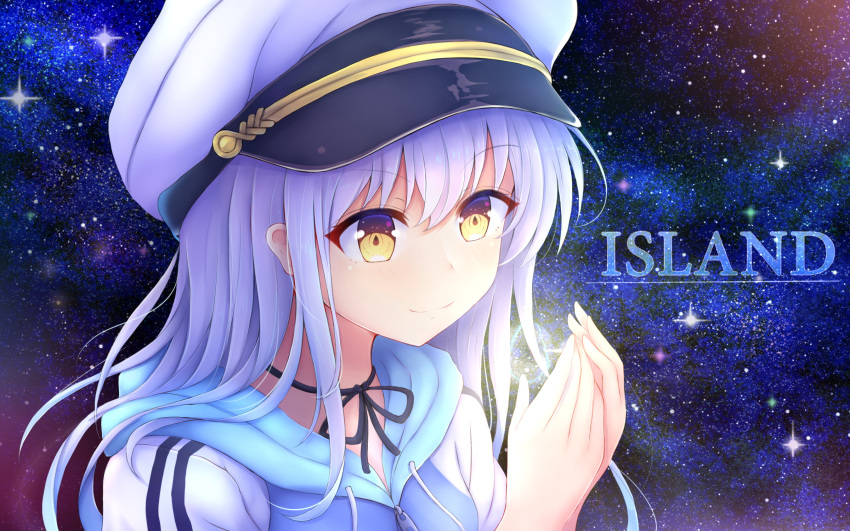 &gt;:) 1girl bangs black_ribbon blue_jacket blush brown_eyes closed_mouth copyright_name endsmall_min eyebrows_visible_through_hair hair_between_eyes hands_up hat highres hood hood_down hooded_jacket island_(game) jacket long_hair looking_away military_hat neck_ribbon night night_sky ohara_rinne peaked_cap purple_hair ribbon sky smile solo star_(sky) starry_sky v-shaped_eyebrows white_hat