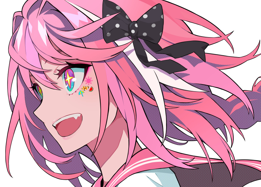 +_+ 1boy :d astolfo_(fate) bangs black_bow black_ribbon blue_eyes bow braid commentary_request eyeliner facial_mark fang fate/apocrypha fate_(series) floating_hair from_side green_eyes hair_between_eyes hair_bow hair_intakes hair_ribbon highres lips long_hair looking_away makeup male_focus multicolored multicolored_eyes multicolored_hair open_mouth pink_eyes pink_hair pink_sailor_collar polka_dot polka_dot_bow portrait ram_(ramlabo) ribbon sailor_collar school_uniform serafuku simple_background single_braid smile solo sticker streaked_hair trap violet_eyes white_background wind