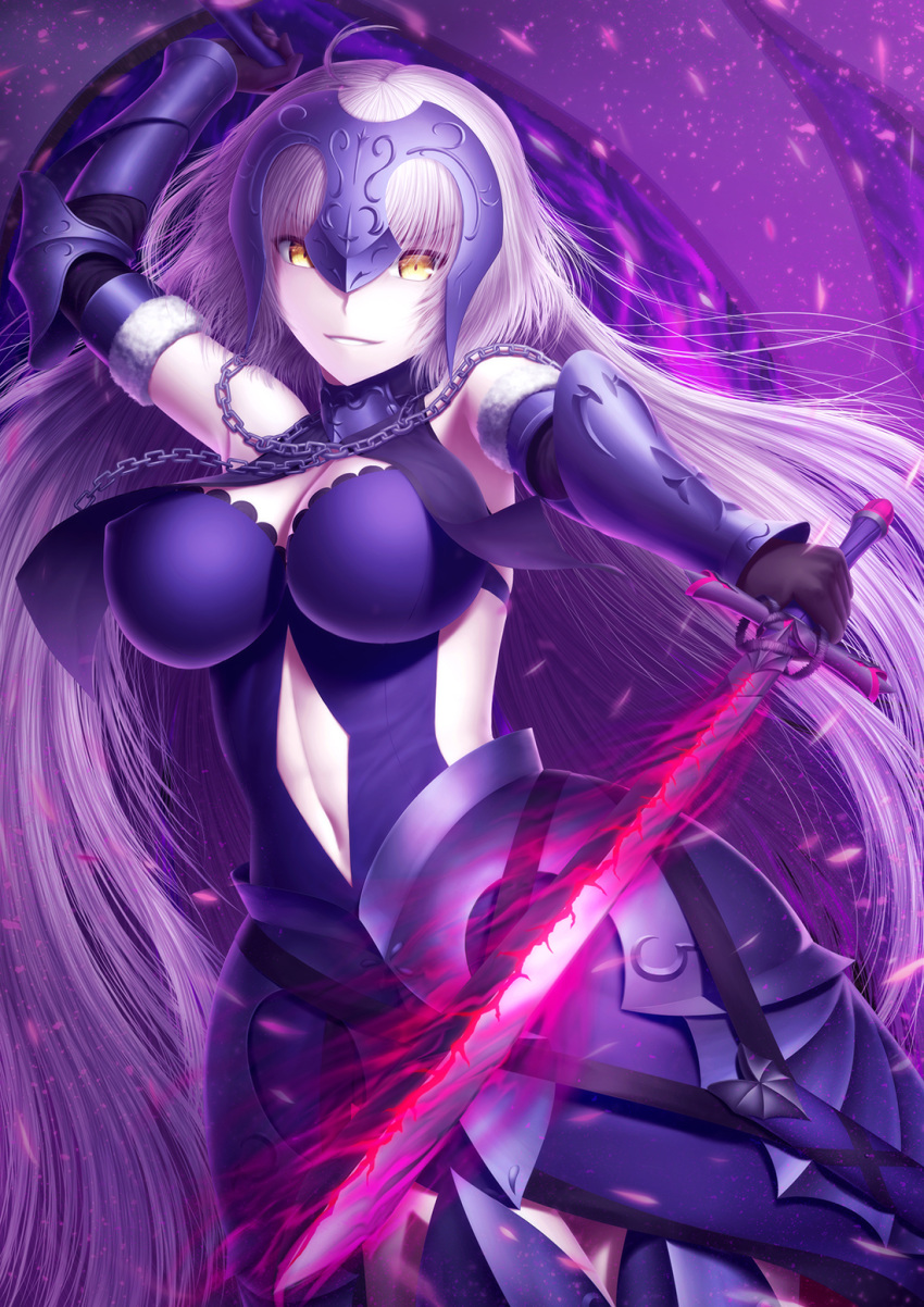 1girl ahoge armor armored_dress black_gloves blue_dress breasts chains cleavage commentary_request dress eyebrows_visible_through_hair fate/grand_order fate_(series) flag flaming_sword fur_trim gauntlets gloves headpiece highres holding holding_sword holding_weapon jeanne_d'arc_(alter)_(fate) jeanne_d'arc_(fate) jeanne_d'arc_(fate)_(all) large_breasts long_hair masatoki navel purple_background silver_hair smile sword very_long_hair weapon yellow_eyes