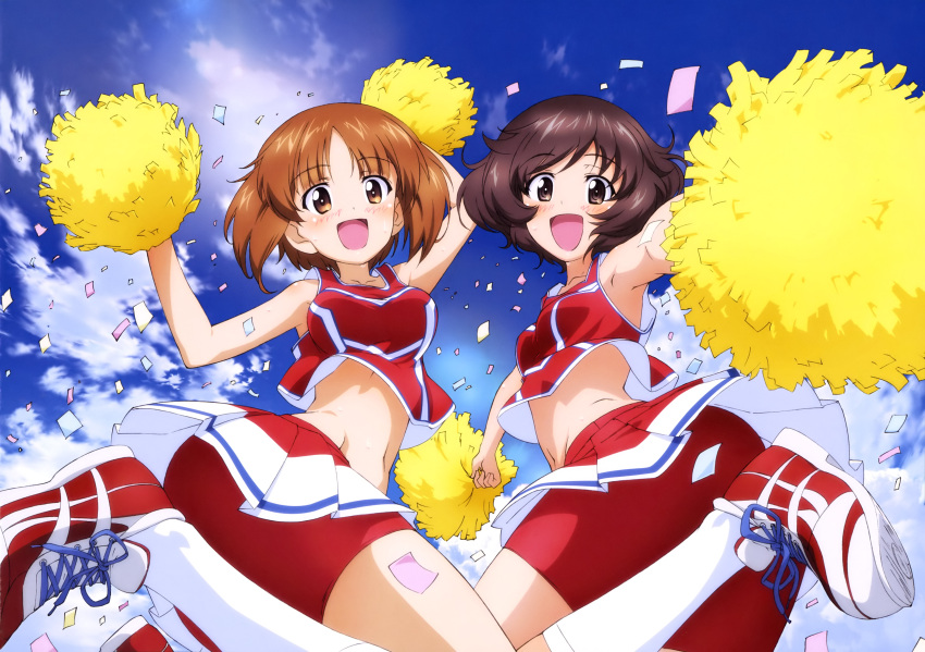 2girls absurdres akiyama_yukari bike_shorts blue_sky bouncing_breasts breasts brown_eyes brown_hair cheerleader clouds confetti day girls_und_panzer highres holding itou_takeshi leg_up medium_breasts multiple_girls navel nishizumi_miho official_art open_mouth outdoors pleated_skirt pom_poms shoes skirt sky small_breasts smile sneakers thigh-highs waving