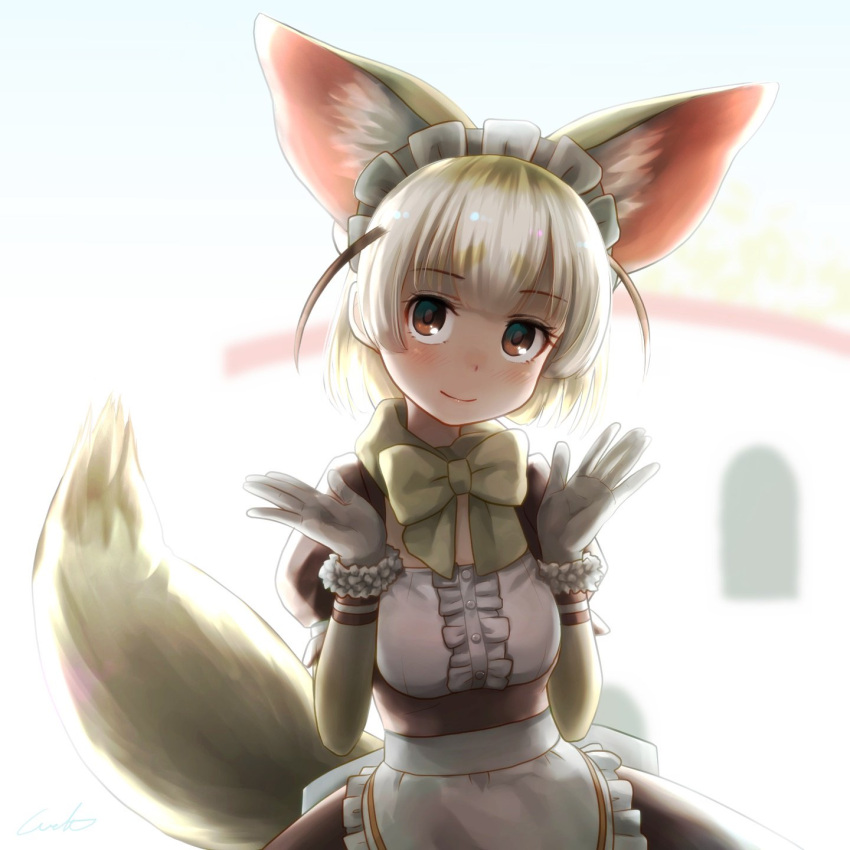 1girl alternate_costume animal_ears blonde_hair blush bow bowtie center_frills commentary_request elbow_gloves eyebrows_visible_through_hair fennec_(kemono_friends) fox_ears fox_tail fur_trim gloves highres kemono_friends maid maid_dress maid_headdress puffy_short_sleeves puffy_sleeves short_hair short_sleeves solo tail upper_body welt_(kinsei_koutenkyoku)