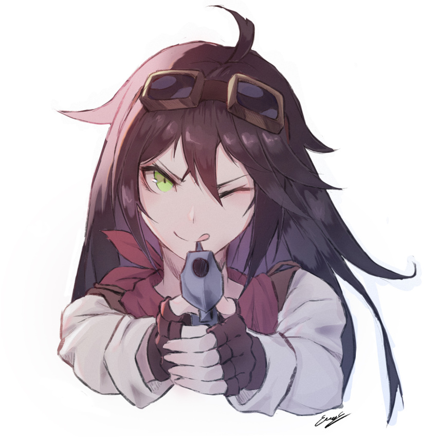 1girl ;q absurdres ahoge bandanna bangs brown_gloves brown_hair commentary cropped_torso english_commentary erospanda finger_on_trigger fingerless_gloves fingernails gloves goggles goggles_on_head green_eyes gun hair_between_eyes head_tilt highres holding holding_gun holding_weapon long_hair long_sleeves looking_at_viewer one_eye_closed original pointing pointing_at_viewer pointing_weapon red_bandana shirt signature simple_background smile solo tongue tongue_out tsurime two-handed v-shaped_eyebrows weapon white_background white_shirt