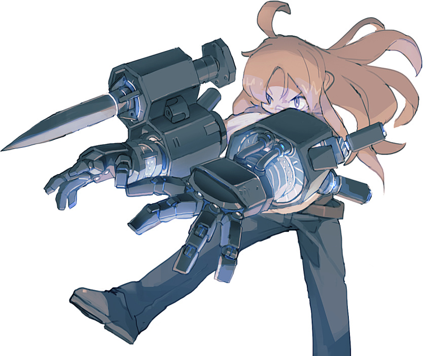 1girl ahoge bandaid bandaid_on_nose blonde_hair fighting_stance grey_pants long_hair maplestory mechanical_arms outstretched_arms oversize_forearms pants shoes simple_background solo violet_eyes white_background whitebear