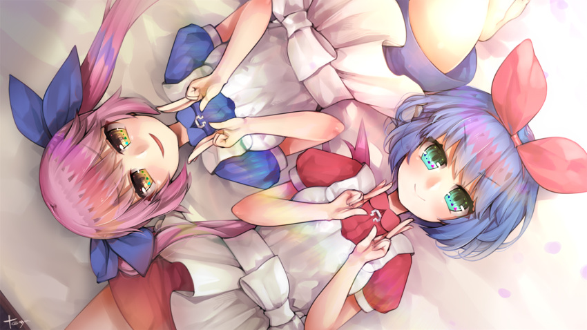2girls :d apron bangs blue_bow blue_dress blue_hair blush bow closed_mouth commentary_request copyright_request double_w dress eyebrows_visible_through_hair green_eyes hair_bow hands_up highres long_hair lying multiple_girls on_back open_mouth parted_lips pink_hair red_bow red_dress short_hair signature smile symbol_in_eye symmetry tanyatonya twintails virtual_youtuber w white_apron yellow_eyes