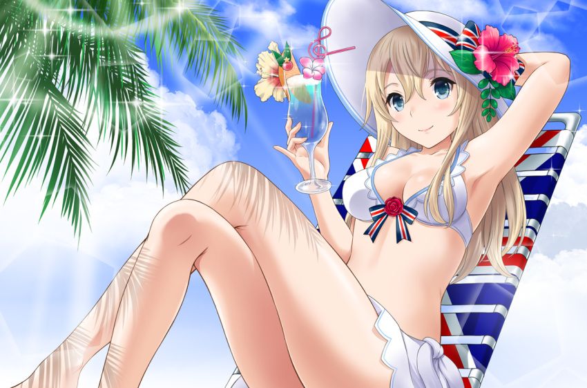 1girl arm_up armpits bikini blue_eyes blue_sky blush bow breasts chair cleavage closed_mouth clouds cloudy_sky commentary_request crazy_straw cup day drink drinking_glass drinking_straw flower hand_up hat hat_bow hat_flower head_tilt holding holding_drinking_glass kantai_collection legs_crossed light_brown_hair long_hair looking_at_viewer lounge_chair medium_breasts neko_danshaku outdoors pink_flower red_flower red_rose rose sitting sky smile solo sun_hat swimsuit treble_clef union_jack warspite_(kantai_collection) white_bikini white_hat