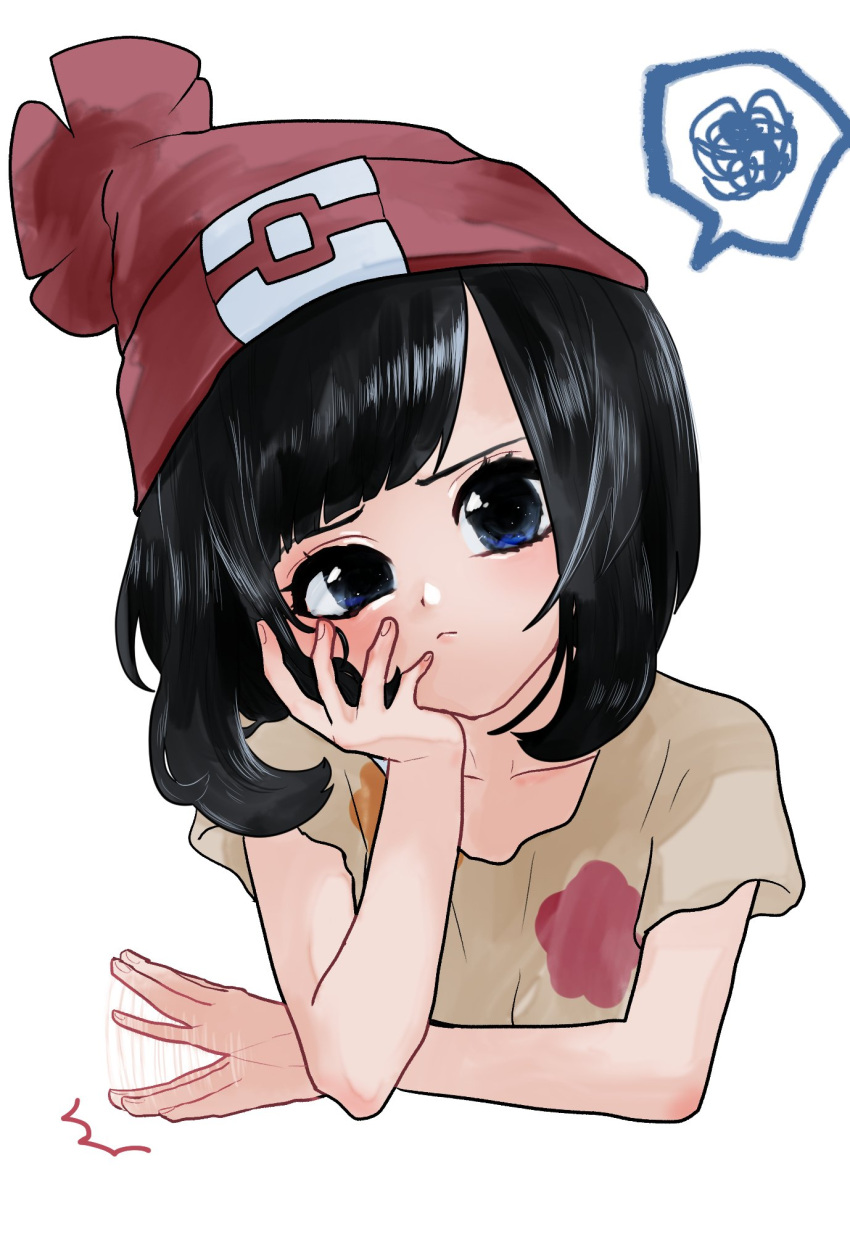1girl bangs black_hair blue_eyes blush closed_mouth cowboy_shot facing_viewer floral_print frown hand_on_own_face highres looking_at_viewer mizuki_(pokemon) pokemon pokemon_(game) pokemon_sm red_beanie ririmon solo table