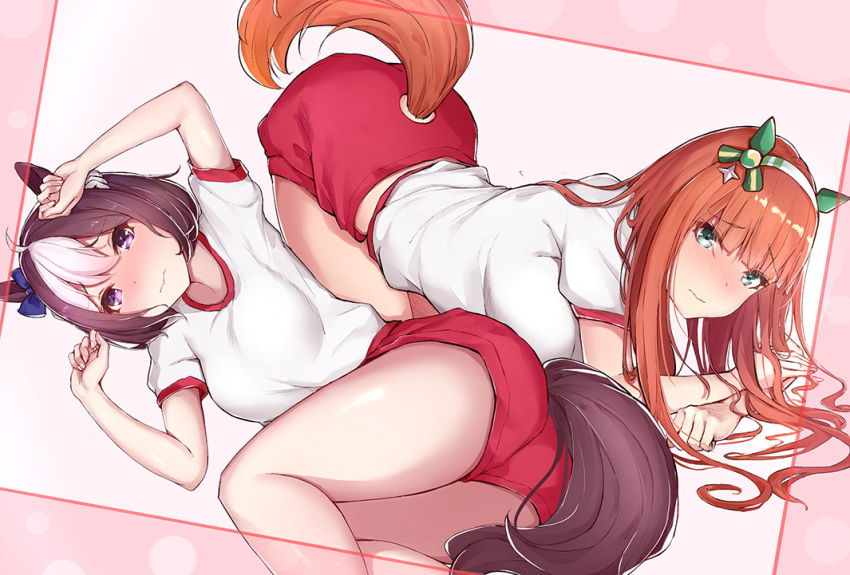 2girls all_fours animal_ears arms_up ass brown_hair clenched_hands green_eyes gym_uniform hairband horse_ears horse_tail long_hair lying multiple_girls on_side red_shorts sherryqq shirt short_hair short_shorts shorts silence_suzuka special_week tail tail_cutout top-down_bottom-up umamusume violet_eyes white_shirt