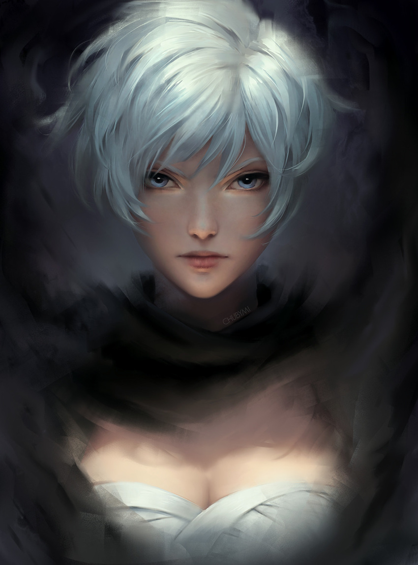 1girl artist_name breasts chuby_mi cleavage cloak closed_mouth dark_background highres large_breasts lips looking_at_viewer original portrait short_hair solo upper_body watermark white_eyes white_hair