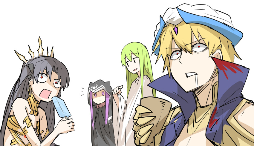 1boy 1other 2girls absurdres androgynous arabian_clothes bangs bare_shoulders black_hair blonde_hair collar commentary_request constricted_pupils crown cup earrings enkidu_(fate/strange_fake) eyebrows_visible_through_hair fate/grand_order fate/strange_fake fate_(series) food gauntlets gilgamesh gilgamesh_(caster)_(fate) green_hair hair_between_eyes high_collar highres hood hoop_earrings ishtar_(fate/grand_order) jewelry kan_(aaaaari35) long_hair medusa_(lancer)_(fate) multiple_boys multiple_girls open_mouth pointing popsicle purple_hair red_eyes rider robe saliva shocked_eyes short_hair smile surprised tohsaka_rin trap very_long_hair violet_eyes white_background