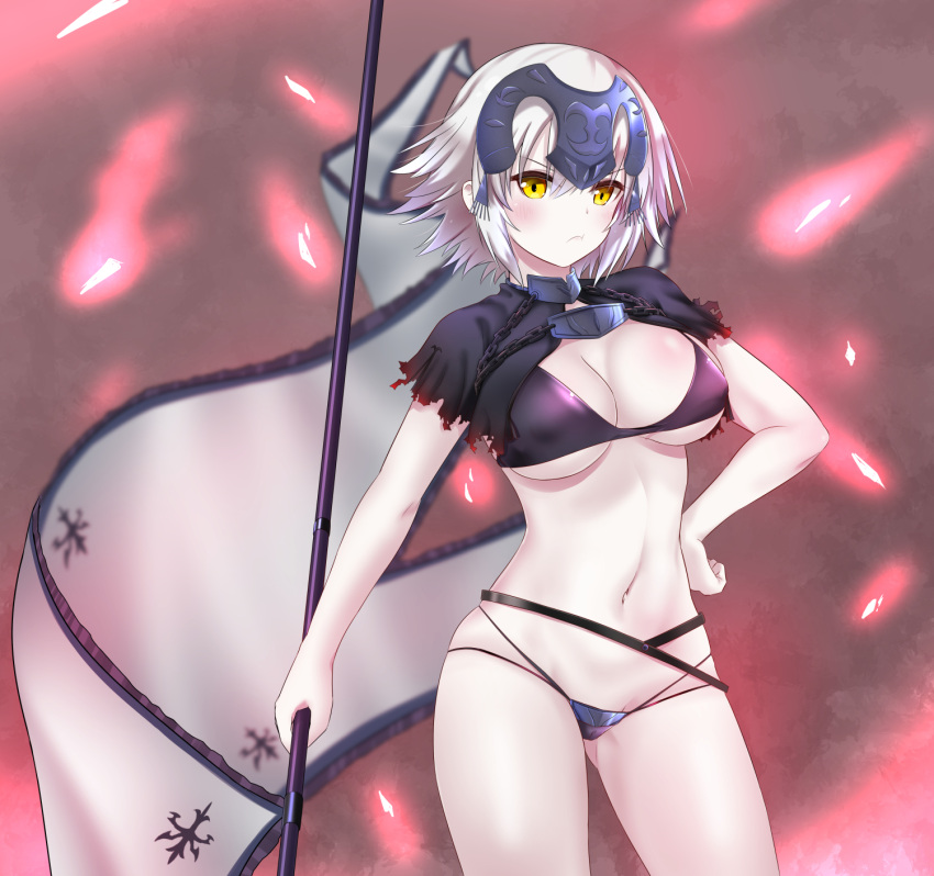 1girl :t bangs bikini black_bikini black_capelet blurry blurry_background blush breasts capelet chains cleavage closed_mouth depth_of_field eyebrows_visible_through_hair fate/grand_order fate_(series) flag hair_between_eyes hand_on_hip headpiece highres holding holding_flag jeanne_d'arc_(alter)_(fate) jeanne_d'arc_(fate)_(all) looking_at_viewer medium_breasts mint_(cerbi) multi-strapped_bikini navel pout short_hair silver_hair solo swimsuit v-shaped_eyebrows white_flag yellow_eyes