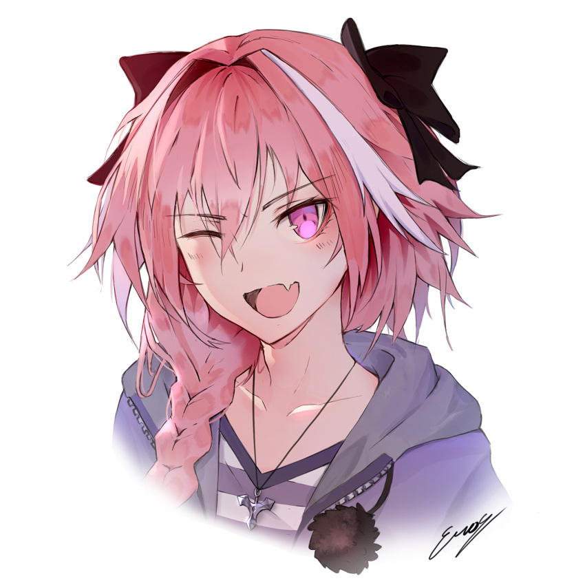 1boy ;d astolfo_(fate) bangs black_bow black_ribbon bow braid collarbone commentary english_commentary erospanda eyebrows_visible_through_hair fang fate/apocrypha fate_(series) hair_between_eyes hair_bow hair_intakes hair_over_shoulder hair_ribbon head_tilt highres hood hood_down hoodie long_hair looking_at_viewer male_focus multicolored_hair one_eye_closed open_clothes open_hoodie open_mouth pink_eyes pink_hair pom_pom_(clothes) portrait purple_hoodie purple_shirt ribbon shirt sidelocks signature simple_background single_braid smile solo streaked_hair striped striped_shirt trap tsurime white_background white_shirt zipper
