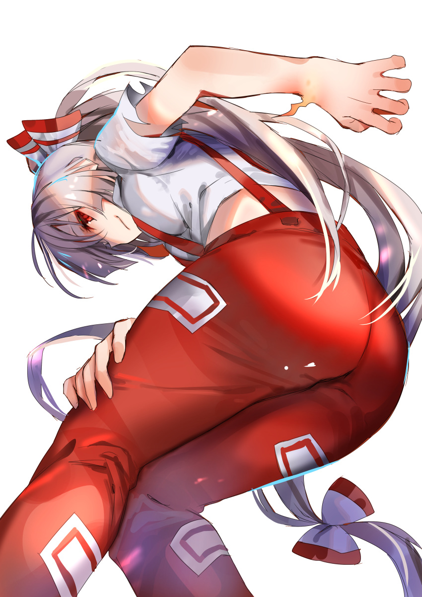 1girl absurdres amamitsu_kousuke ass bare_arms bow breasts feet_out_of_frame fire from_below fujiwara_no_mokou hair_bow hand_on_thigh highres leaning_forward long_hair looking_at_viewer medium_breasts midriff_peek ofuda pants ponytail red_eyes red_pants shirt short_sleeves silver_hair simple_background sketch smile solo suspenders torn_clothes torn_shirt torn_sleeves touhou very_long_hair white_background white_bow white_shirt