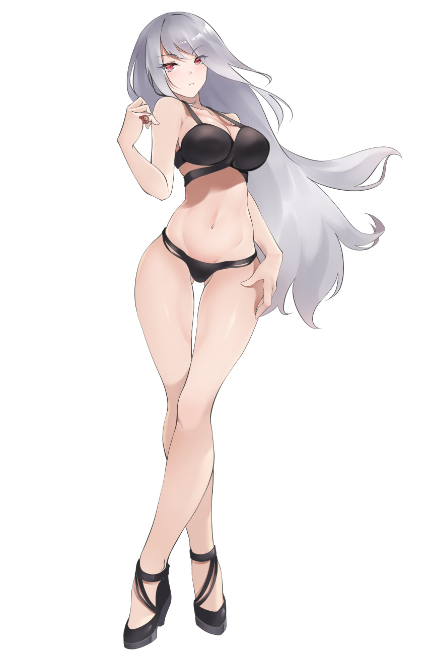 1girl absurdres bikini breasts cleavage eyes_visible_through_hair full_body girls_frontline high_heels highres jewelry large_breasts long_hair misaki159123 parted_lips pinky_ring pk pose red_eyes ring silver_hair simple_background swimsuit