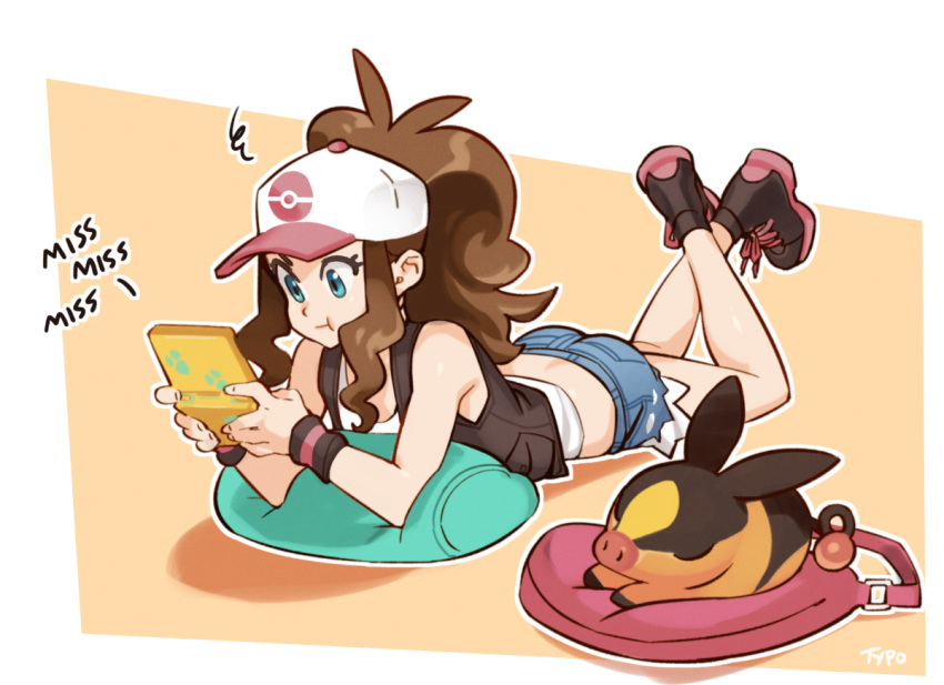 1girl ass bare_shoulders baseball_cap blue_eyes boots brown_hair closed_eyes denim denim_shorts english frustrated handheld_game_console hat lying nintendo nintendo_3ds nintendo_ds on_stomach pillow playing_games pokemon pokemon_(creature) pokemon_(game) pokemon_xy ponytail pout shoelaces short_shorts shorts sleeping smile solo solo_focus tank_top tepig text_focus touko_(pokemon) typo_(requiemdusk) vest wristband