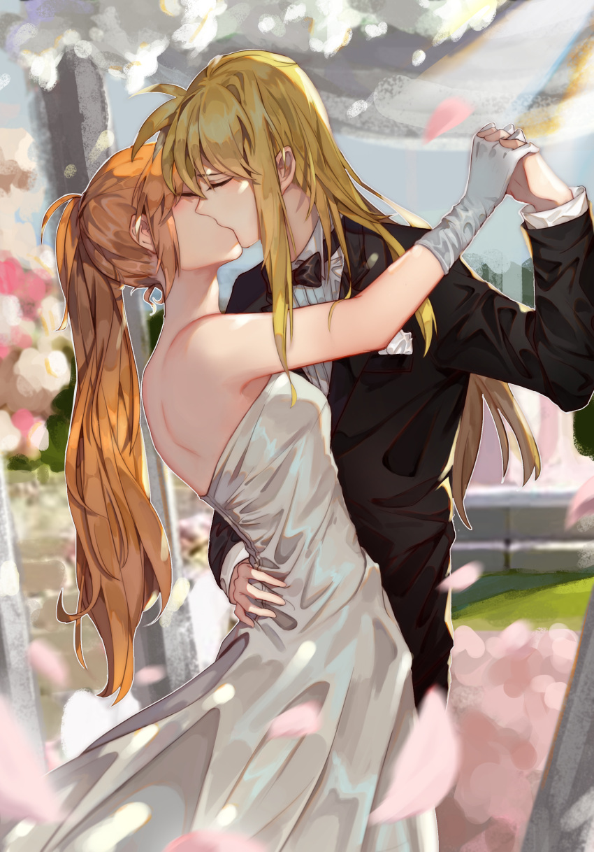 2girls absurdres alternate_costume back bare_shoulders black_bow blonde_hair blurry bow bowtie breasts brown_hair closed_eyes commentary_request couple depth_of_field dress fate_testarossa female flower formal garden gloves hand_holding highres hug interlocked_fingers kiss long_hair long_sleeves lyrical_nanoha magical_girl mahou_shoujo_lyrical_nanoha mahou_shoujo_lyrical_nanoha_a's mahou_shoujo_lyrical_nanoha_strikers multiple_girls mutual_yuri orange_hair outdoors petals side_ponytail sidelocks small_breasts strapless strapless_dress suit takamachi_nanoha tuxedo wedding wedding_dress wife_and_wife xiao_lu yuri