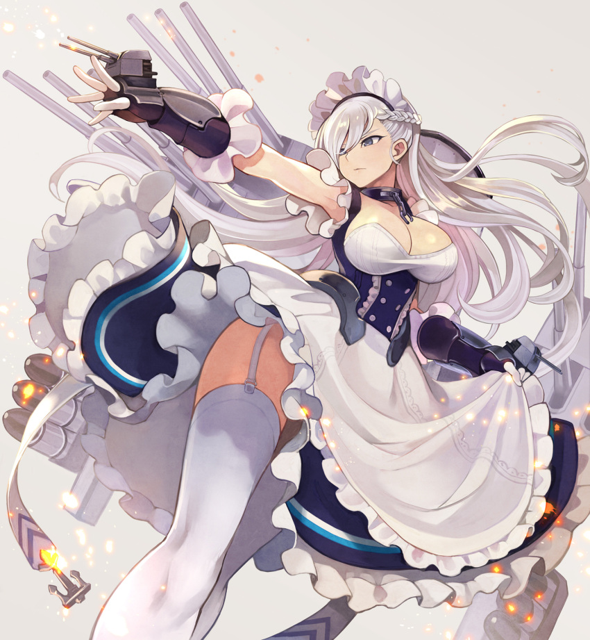 1girl apron armpits azur_lane bangs belfast_(azur_lane) blue_eyes braid breasts cannon chains cleavage closed_mouth collar collarbone corset dress eyebrows_visible_through_hair firing french_braid frills garter_straps gloves highres large_breasts light_particles long_hair looking_at_viewer looking_away machinery maid maid_headdress outstretched_arm rigging silver_hair solo thigh-highs thighs torpedo_launcher turret white_gloves white_legwear yuko_(uc_yuk)