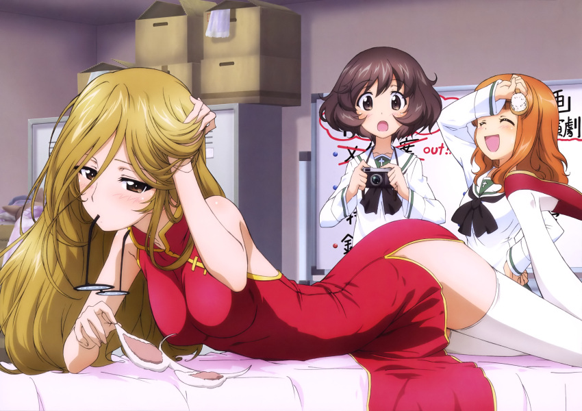 3girls :d absurdres akiyama_yukari animal_ears bed_sheet black-framed_eyewear black_neckwear blonde_hair brown_eyes brown_hair camera china_dress chinese_clothes closed_eyes dress eyebrows_visible_through_hair fake_animal_ears girls_und_panzer glasses hair_between_eyes hairband hairband_removed hand_in_hair hand_on_hip highres holding holding_camera indoors long_hair looking_at_viewer lying mouth_hold multiple_girls nekonyaa official_art on_stomach ooarai_school_uniform open_mouth red_dress shirt short_hair sleeveless sleeveless_dress smile takebe_saori thigh-highs very_long_hair white_hairband white_legwear white_shirt yoshida_nobuyoshi