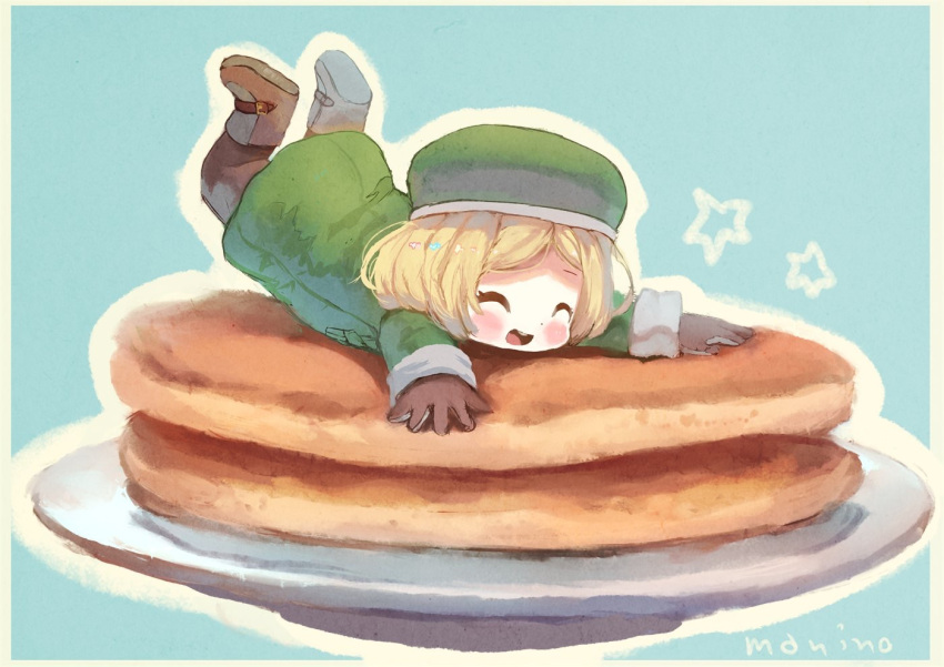 1girl :d blonde_hair blue_background blush boots brown_footwear brown_gloves brown_legwear closed_eyes commentary_request dot_nose fate/grand_order fate_(series) food from_side gloves green_coat green_hat hat long_sleeves manino_(mofuritaionaka) minigirl open_mouth outline pancake pantyhose paul_bunyan_(fate/grand_order) short_hair signature simple_background smile solo star tray white_outline