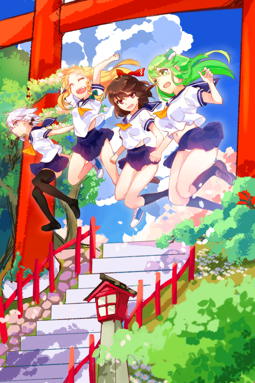 4girls absurdres alternate_costume artist_request black_legwear blonde_hair blue_skirt blue_sky bow brown_eyes brown_hair chinese_commentary closed_eyes clouds commentary_request flower frog_hair_ornament green_eyes green_hair grey_eyes hair_bow hair_ornament hakurei_reimu hand_holding highres interlocked_fingers izayoi_sakuya jumping kanta_(pixiv9296614) kirisame_marisa kochiya_sanae long_hair midriff multiple_girls navel petals plant pleated_skirt red_bow sailor_collar school_uniform shadow short_sleeves silver_hair skirt sky stairs thigh-highs torii touhou white_flower