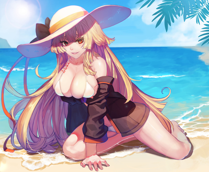 1girl arm_support bangs barefoot beach bikini blue_sky blush breast_hold breasts brown_hair character_name cleavage clouds collarbone da_(dsasd751) eyebrows_visible_through_hair girls_frontline hat highres ithaca_m37_(girls_frontline) jacket kneeling large_breasts leaning_forward long_hair looking_at_viewer ocean open_clothes open_jacket orange_eyes parted_lips sand sidelocks skindentation sky smile solo sun_hat sunlight swimsuit thighs very_long_hair white_bikini