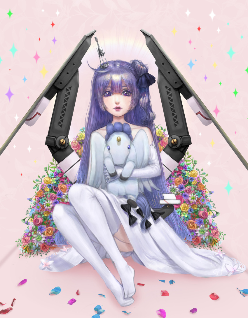 1girl absurdres ahoge aqua_flower azur_lane bangs bare_shoulders black_bow black_ribbon blue_flower bow collarbone commentary dress elbow_gloves flower gloves hair_between_eyes hair_bow hair_bun hair_ribbon highres holding lips long_hair looking_at_viewer machinery no_shoes object_hug one_side_up ong_(qweasd4203) orange_flower orange_rose parted_lips petals pink_background pink_flower pink_rose purple_bow purple_hair red_flower red_lips red_rose ribbon rigging rose side_bun sitting solo sparkle stuffed_animal stuffed_pegasus stuffed_toy stuffed_unicorn thigh-highs unicorn_(azur_lane) very_long_hair violet_eyes white_dress white_gloves white_legwear yellow_flower yellow_rose
