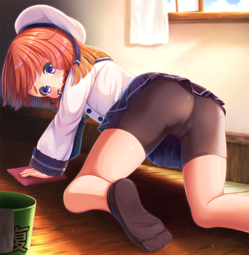 1girl all_fours ass black_legwear blue_eyes braid cleaning etorofu_(kantai_collection) foot_out_of_frame hat highres indoors kantai_collection kyuupura long_sleeves looking_at_viewer medium_hair orange_hair redhead sailor_hat school_uniform skirt socks solo thighs twin_braids window wooden_floor