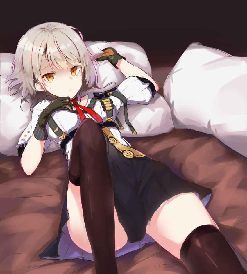 1girl 735308747 absurdres bed_sheet blush breasts cleavage eyebrows_visible_through_hair girls_frontline gloves highres looking_at_viewer lying medium_breasts on_back on_bed pillow pillow_grab red_ribbon ribbon short_hair silver_hair solo thigh-highs uniform vector_(girls_frontline) yellow_eyes