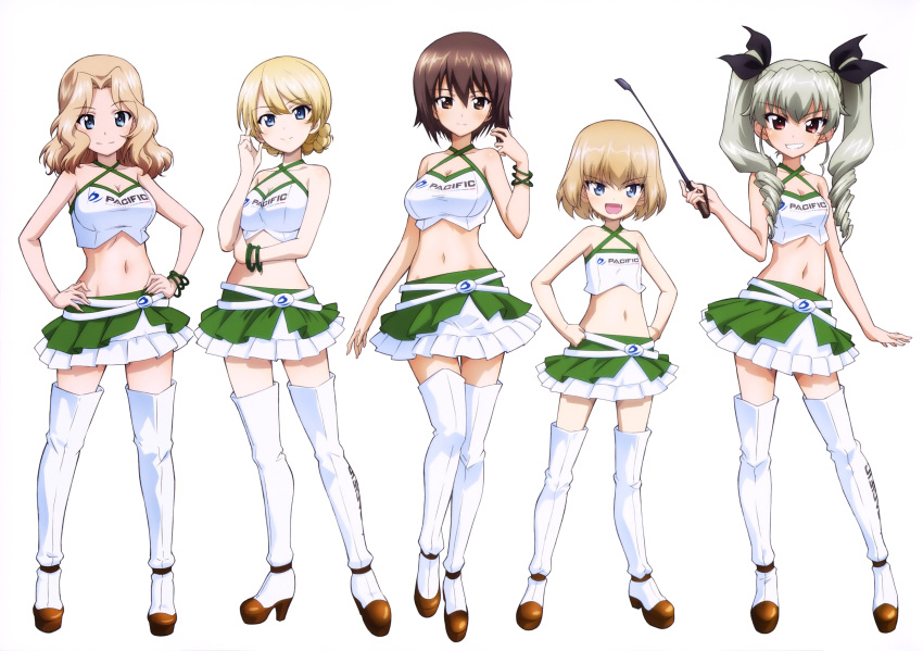 5girls :d absurdres anchovy black_ribbon blonde_hair blue_eyes boots bracelet breasts brown_eyes brown_hair cleavage collarbone crop_top darjeeling drill_hair eyebrows_visible_through_hair fang flat_chest full_body girls_und_panzer grin groin hair_between_eyes hair_ribbon halterneck hands_on_hips highres jewelry katyusha kay_(girls_und_panzer) layered_skirt long_hair looking_at_viewer medium_breasts midriff miniskirt multiple_girls navel nishizumi_maho official_art open_mouth pleated_skirt red_eyes ribbon short_hair silver_hair simple_background skirt small_breasts smile standing stomach thigh-highs thigh_boots tied_hair twin_drills twintails white_background white_legwear yoshida_nobuyoshi zettai_ryouiki