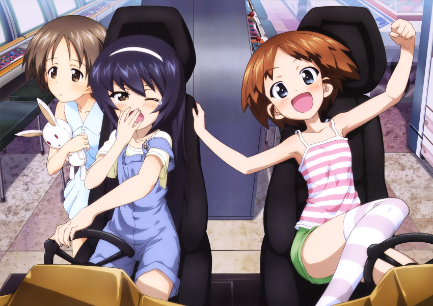 3girls :d absurdres blue_eyes blue_hair brown_hair collarbone covering_mouth eyebrows_visible_through_hair girls_und_panzer hairband hand_over_own_mouth head_tilt highres holding holding_stuffed_animal indoors long_hair looking_at_viewer maruyama_saki multiple_girls off_shoulder official_art one_eye_closed open_mouth outstretched_arms overalls reizei_mako sakaguchi_karina shiny shiny_hair shirt short_hair short_shorts short_sleeves shorts sitting sleeveless sleeveless_shirt smile standing striped striped_legwear striped_shirt stuffed_animal stuffed_toy tears thigh-highs white_hairband white_shirt yawning yoshida_nobuyoshi zettai_ryouiki