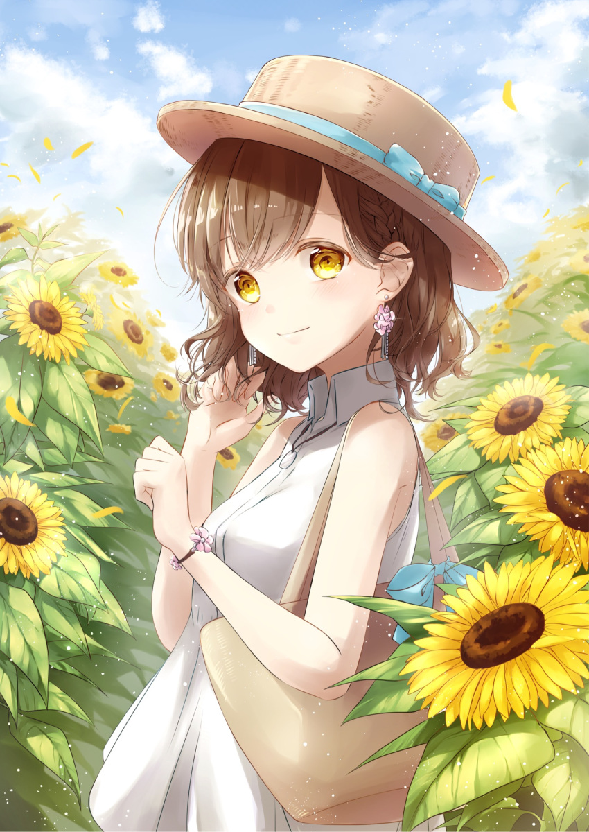 1girl bag bangs blue_sky boater_hat bow bracelet braid brown_hair clouds collared_dress commentary_request day dress earrings eyebrows_visible_through_hair flower flower_earrings from_side hat hat_bow hat_ribbon highres jewelry looking_at_viewer looking_to_the_side necklace original outdoors petals ribbon sena_tea29 short_hair shoulder_bag sky sleeveless sleeveless_dress smile solo sparkle standing sunflower white_dress wind wing_collar yellow_eyes